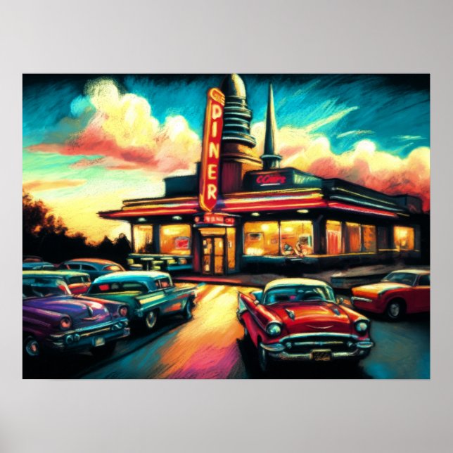 Pastel Drawing Vintage Diner and Cars Poster (Front)