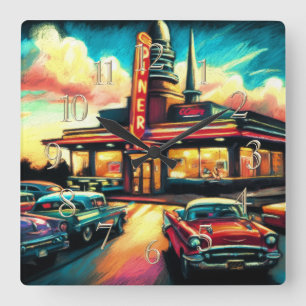 Pastel Drawing Vintage Diner and Cars Square Wall Clock