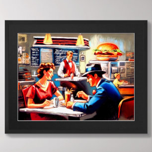 Pastel Drawing Vintage Diner Man Woman Poster