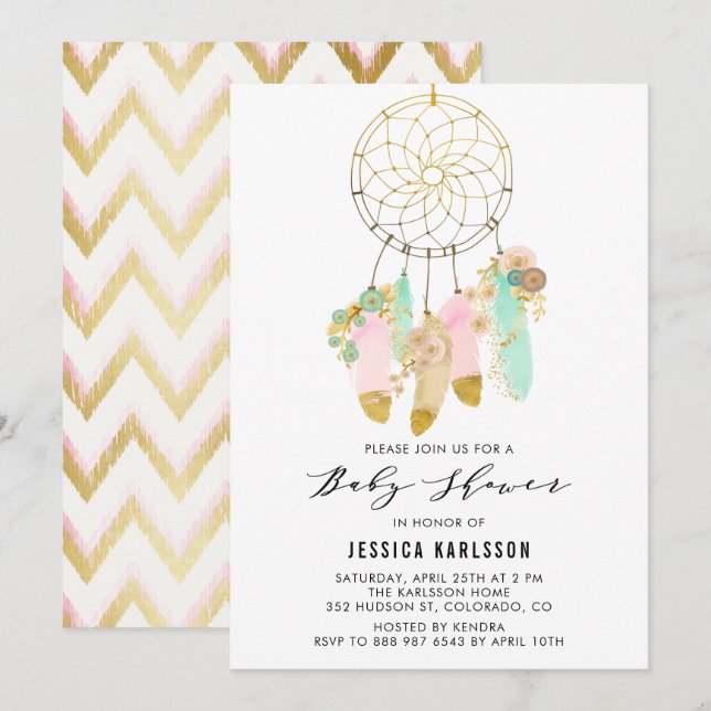 Pastel Dreamcatcher Faux Gold Foil Baby Shower Invitation (Front/Back)