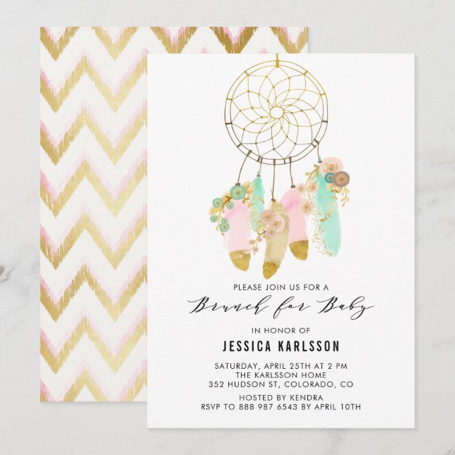 Pastel Dreamcatcher Gold Foil Baby Shower Brunch Invitation (Front/Back)