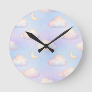 Pastel Dreamy Clouds Crescent Moon Pattern Round Clock