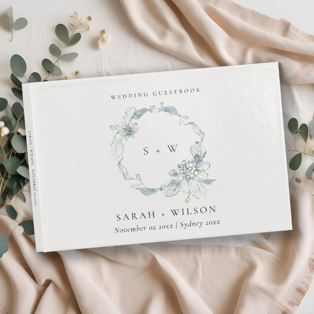 Pastel Dusky Blue Floral Wreath Wedding Monogram Guest Book (Creator Uploaded)