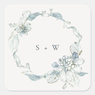 Pastel Dusky Blue Floral Wreath Wedding Monogram Square Sticker