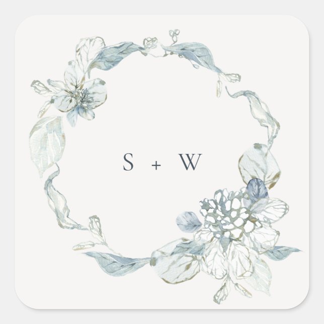 Pastel Dusky Blue Floral Wreath Wedding Monogram Square Sticker (Front)
