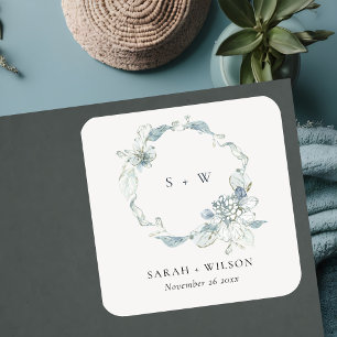 Pastel Dusky Blue Floral Wreath Wedding Monogram  Square Sticker