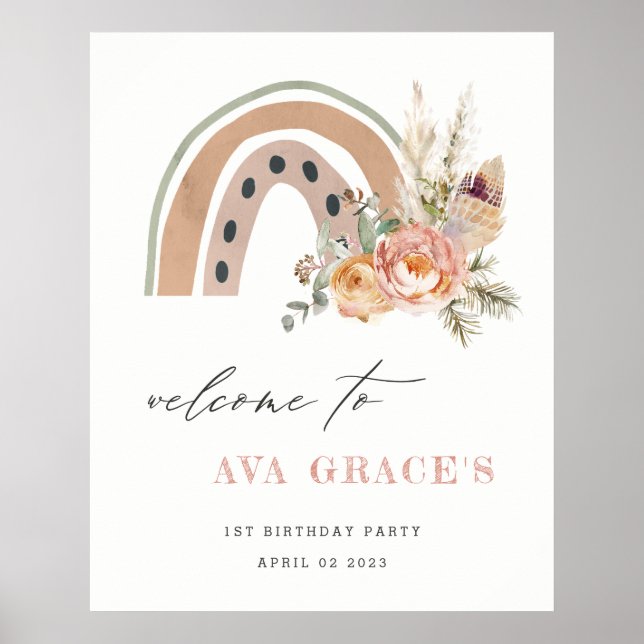 Pastel Dusky Boho Floral Rainbow Birthday Welcome Poster (Front)
