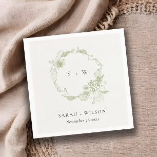 Pastel Dusky Green Floral Wreath Wedding Monogram Napkin