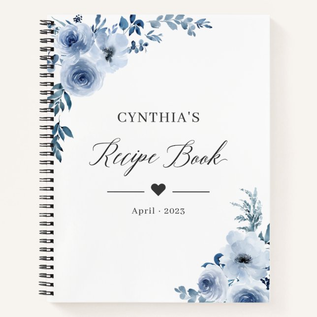 Pastel Dusty Blue Floral Recipe Book (Front)