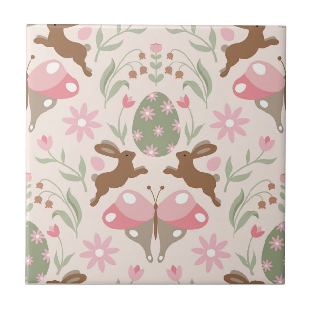 Pastel Easter Bunny and Flower Pattern  Tile (Front)