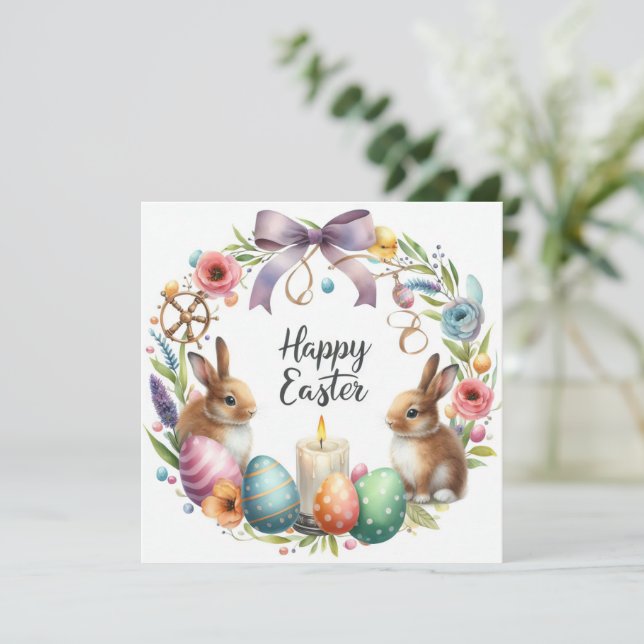 Pastel Easter Bunny Floral Candle Illustration  Holiday Card (Standing Front)