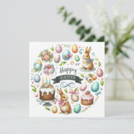 Pastel Easter Bunny Floral Illustration  Holiday Card