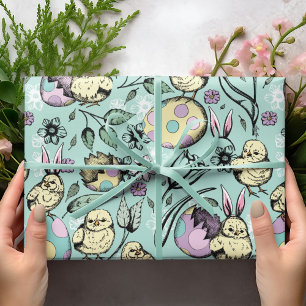 Pastel Easter Chicks & Bunny Ears, Eggs, Flowers Wrapping Paper