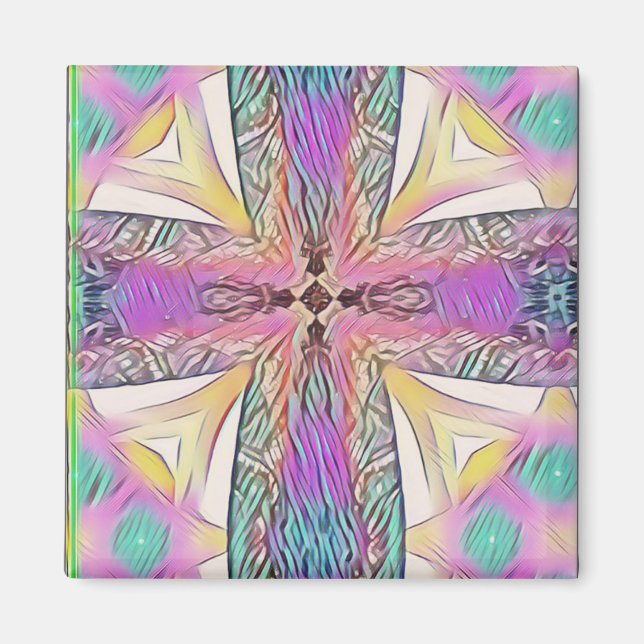 Pastel Easter Cross Artistic Stained Glass Pattern Magnet (Front)
