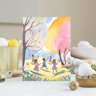 Pastel Easter Egg Hunt Floral Handmade Watercolor Holiday Postcard