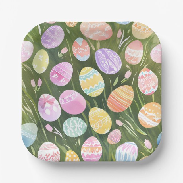 Pastel Easter Eggs | Beautiful Spring Watercolor Paper Plate (Front)