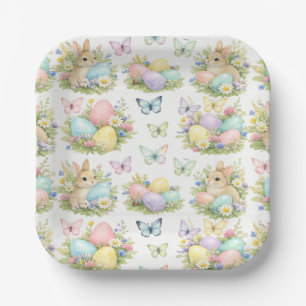 Pastel Easter Eggs & Bunnies Flowers & Butterflies Paper Plate