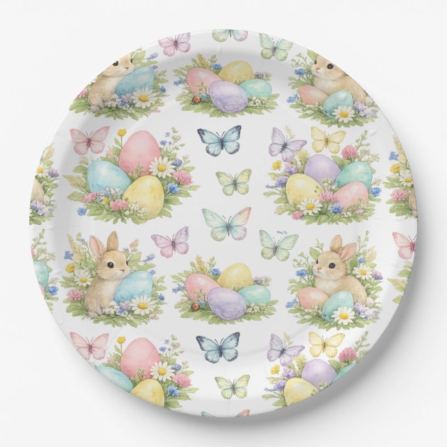 Pastel Easter Eggs & Bunnies Flowers & Butterflies Paper Plate (Front)