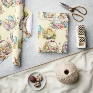 Pastel Easter Eggs, Bunny, Chick Floral Yellow Wrapping Paper