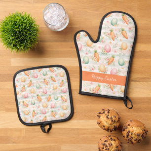 Pastel Easter Eggs & Carrots Watercolor Pattern Oven Mitt & Pot Holder Set