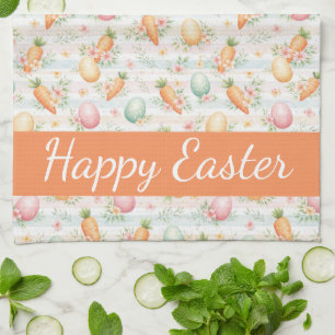 Pastel Easter Eggs & Carrots Watercolor Pattern Tea Towel