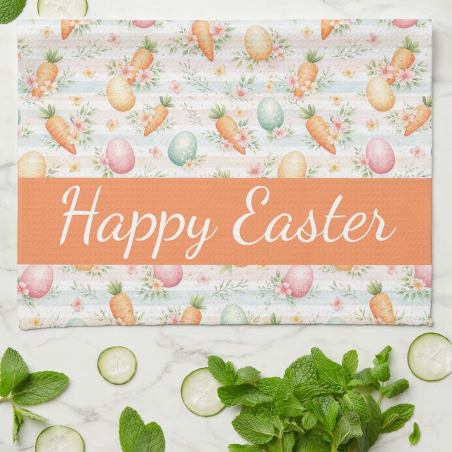 Pastel Easter Eggs & Carrots Watercolor Pattern  Tea Towel (Folded)