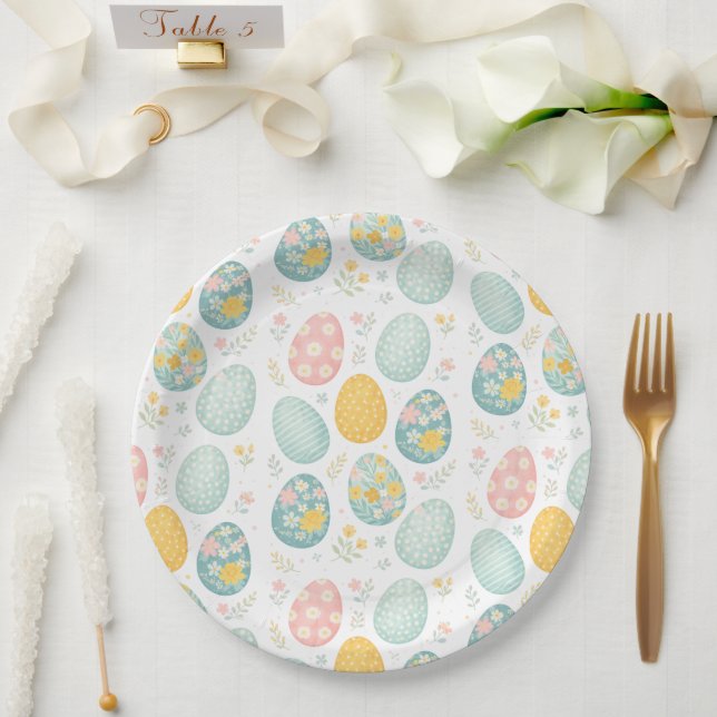Pastel Easter Eggs Floral Pattern - Cute Spring  Paper Plate (Wedding)