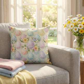 Pastel Easter Eggs & Flowers - Whimsical Spring Cushion
