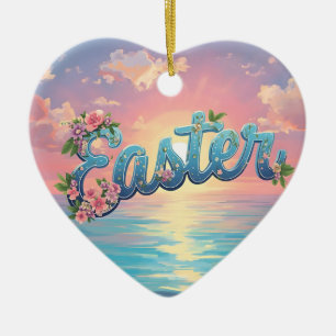 Pastel Easter Text Above the Ocean at Sunrise Ceramic Tree Decoration