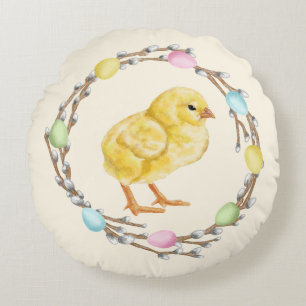 Pastel Easter Willow Wreath With Baby Chick Round Cushion