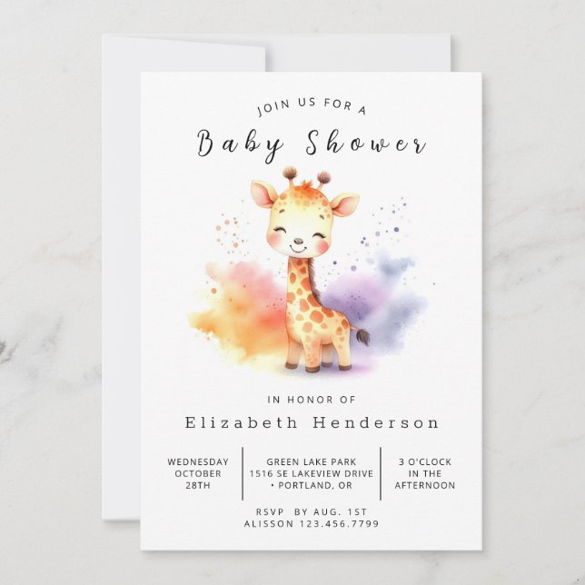 Pastel Editable Giraffe Baby Shower Invitation (Front)