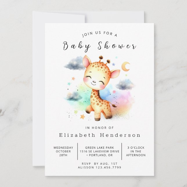 Pastel Editable Giraffe Baby Shower Invitation (Front)