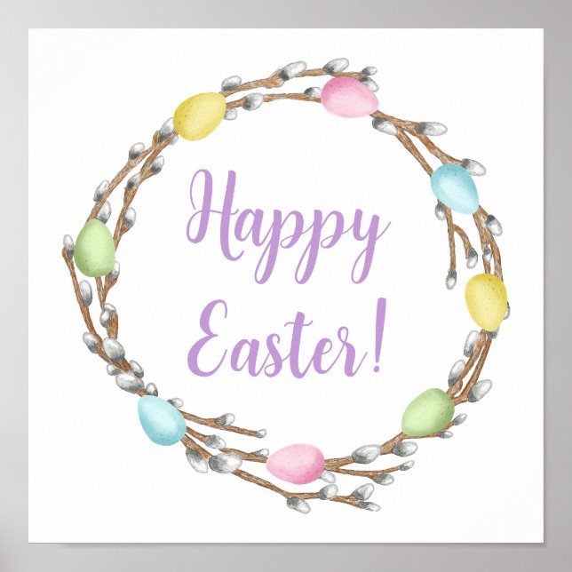 Pastel Eggs Willow Wreath Colorful Happy Easter Poster (Front)