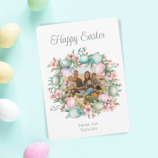 Pastel Eggs Wreath Happy Easter Family Photo Holiday Card (pastel easter wreath photo frame)