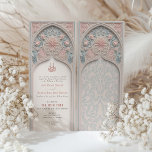 Pastel Elegance Islamic Arch Wedding Invitation<br><div class="desc">This wedding invitation captivates with its pastel elegance, featuring a soft colour palette that marries the timeless grace of Islamic architecture with contemporary design sensibilities. The card's front is adorned with a serene Islamic arch, blossoming with intricately carved floral patterns in hues of blush pink, creamy white, and subtle blue,...</div>
