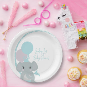 Pastel Elephant Baby Girl Script Baby Shower Paper Plate