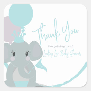 Pastel Elephant Baby Girl Script Baby Shower Square Sticker