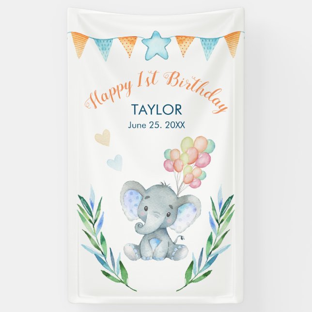 Pastel Elephant Blush Blue Star Happy Birthday Banner (Vertical)
