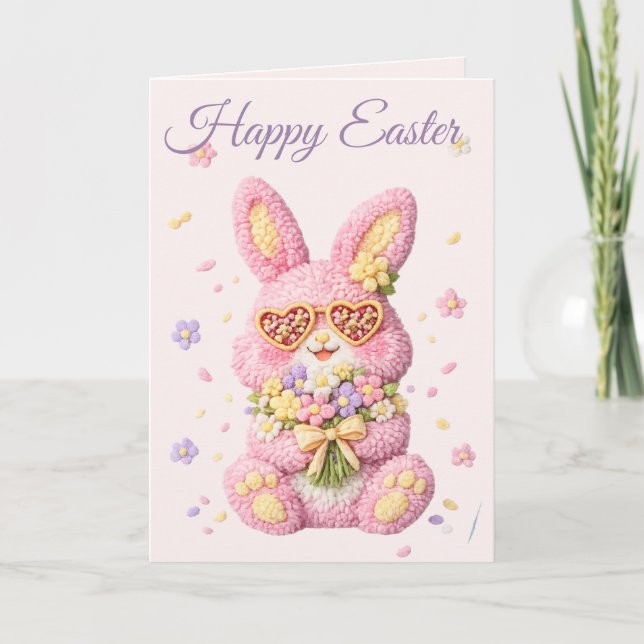Pastel Embroidered Bunny Easter personalized Card (Front)
