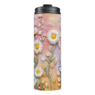 PASTEL EMBROIDERY LOOK DAISY FLOWERS THERMAL TUMBLER