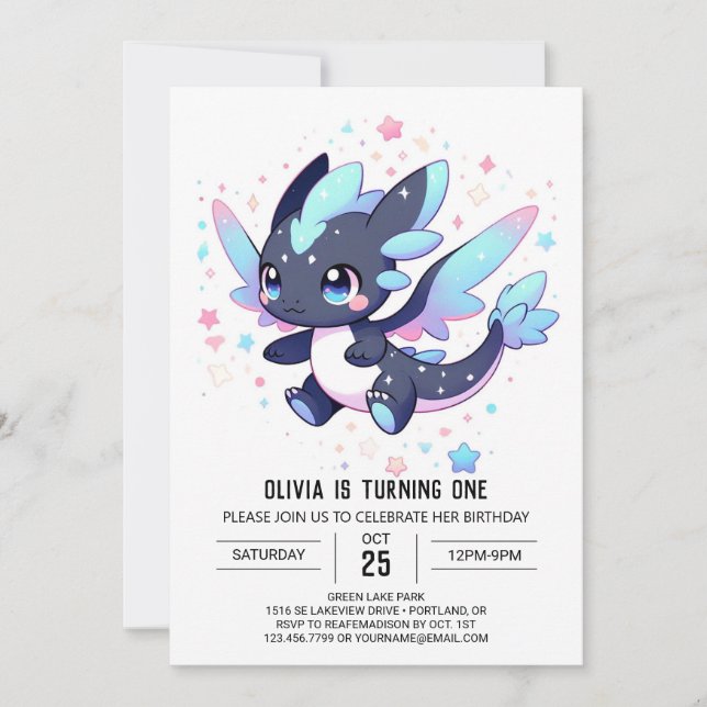 Pastel Enchanted Dragon 1st Birthday Invitation (Front)