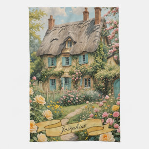 Pastel English Cottage in the Countryside Tea Towel