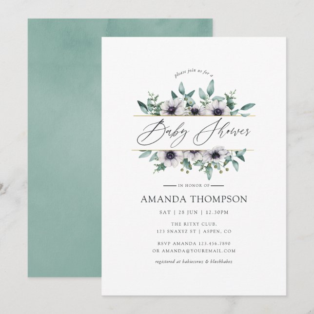 Pastel Eucalyptus Anemone Geometric Baby Shower Invitation (Front/Back)