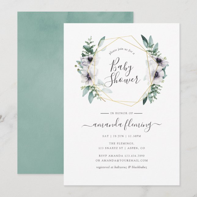 Pastel Eucalyptus Anemone Geometric Baby Shower Invitation (Front/Back)