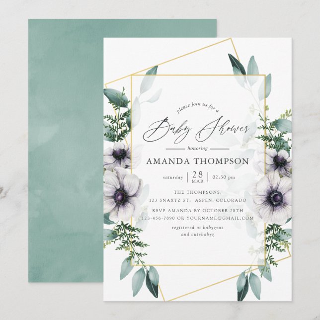 Pastel Eucalyptus Anemone Geometric Baby Shower Invitation (Front/Back)