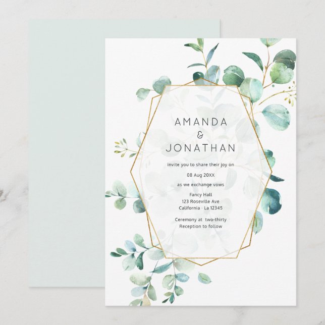 Pastel Eucalyptus Geometric Greenery Wedding Invitation (Front/Back)