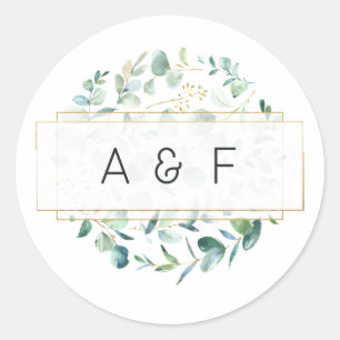 Pastel Eucalyptus Geometric Wedding Monogram Classic Round Sticker