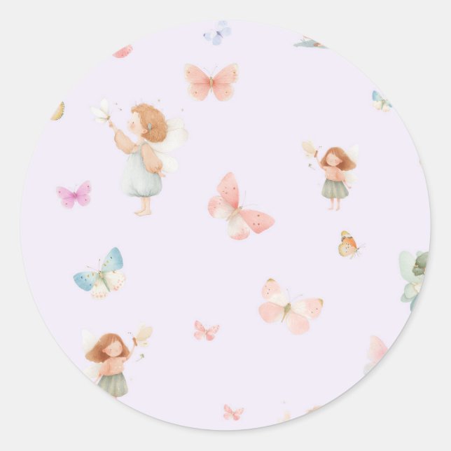 Pastel Fairy Pattern Cute Butterfly Nursery Design Classic Round Sticker (Front)