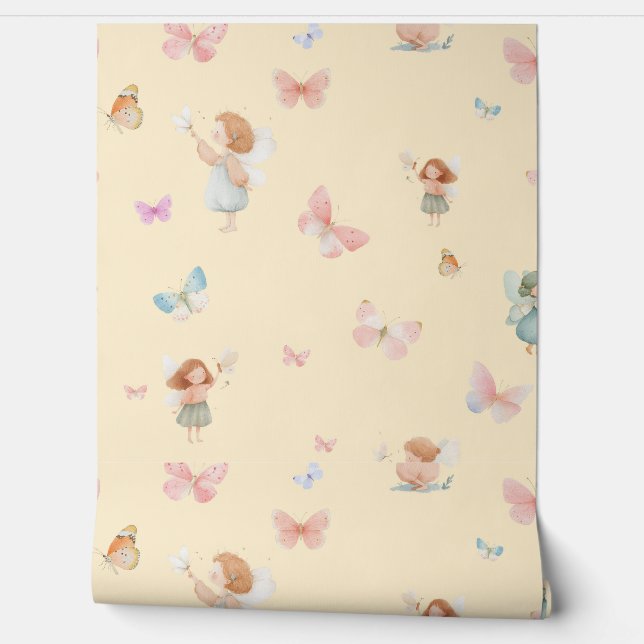 Pastel Fairy Pattern Cute Butterfly Nursery Design Wallpaper (Unrolling)