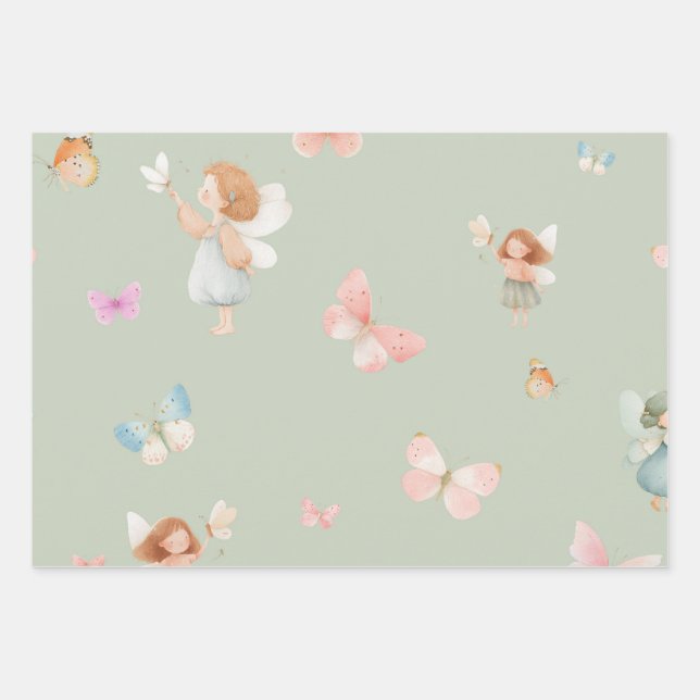 Pastel Fairy Pattern Cute Butterfly Nursery Design Wrapping Paper Sheet (Front)